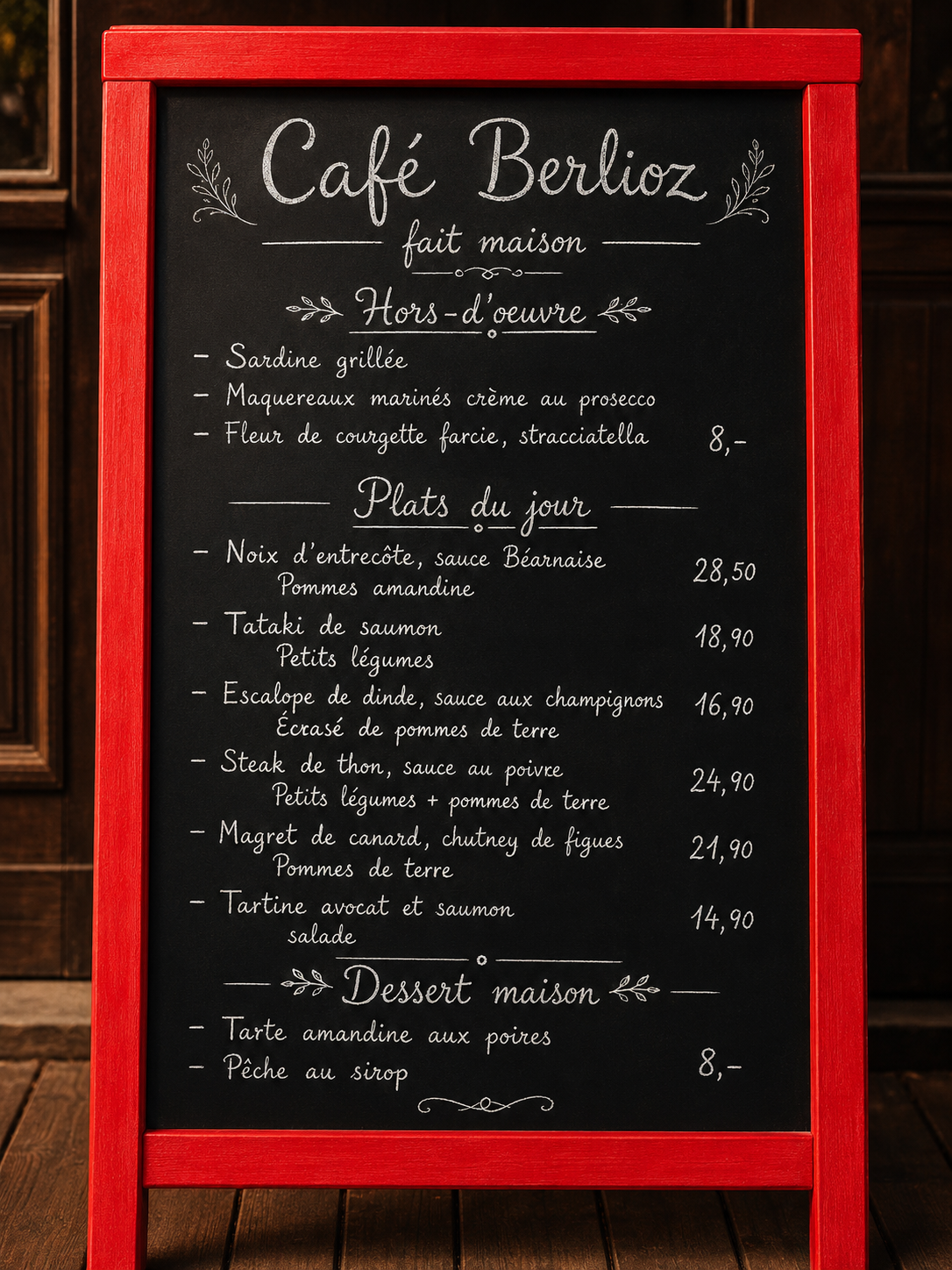Ardoise du Café Berlioz avec menu fait maison