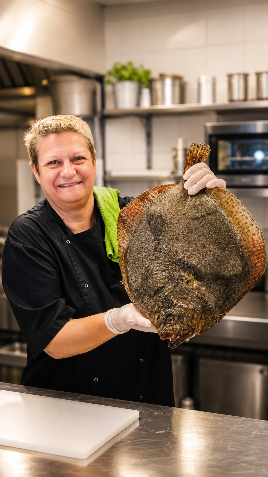 La cheffe du Café Berlioz présente un poisson local en cuisine