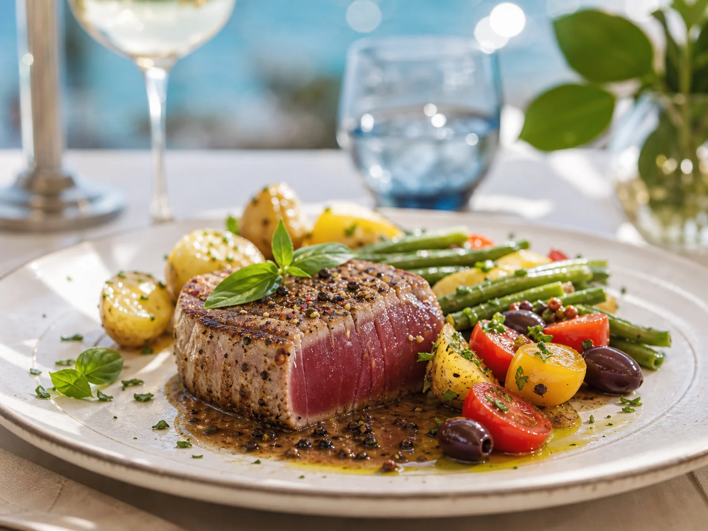 Steak de thon sauce au poivre et petits légumes