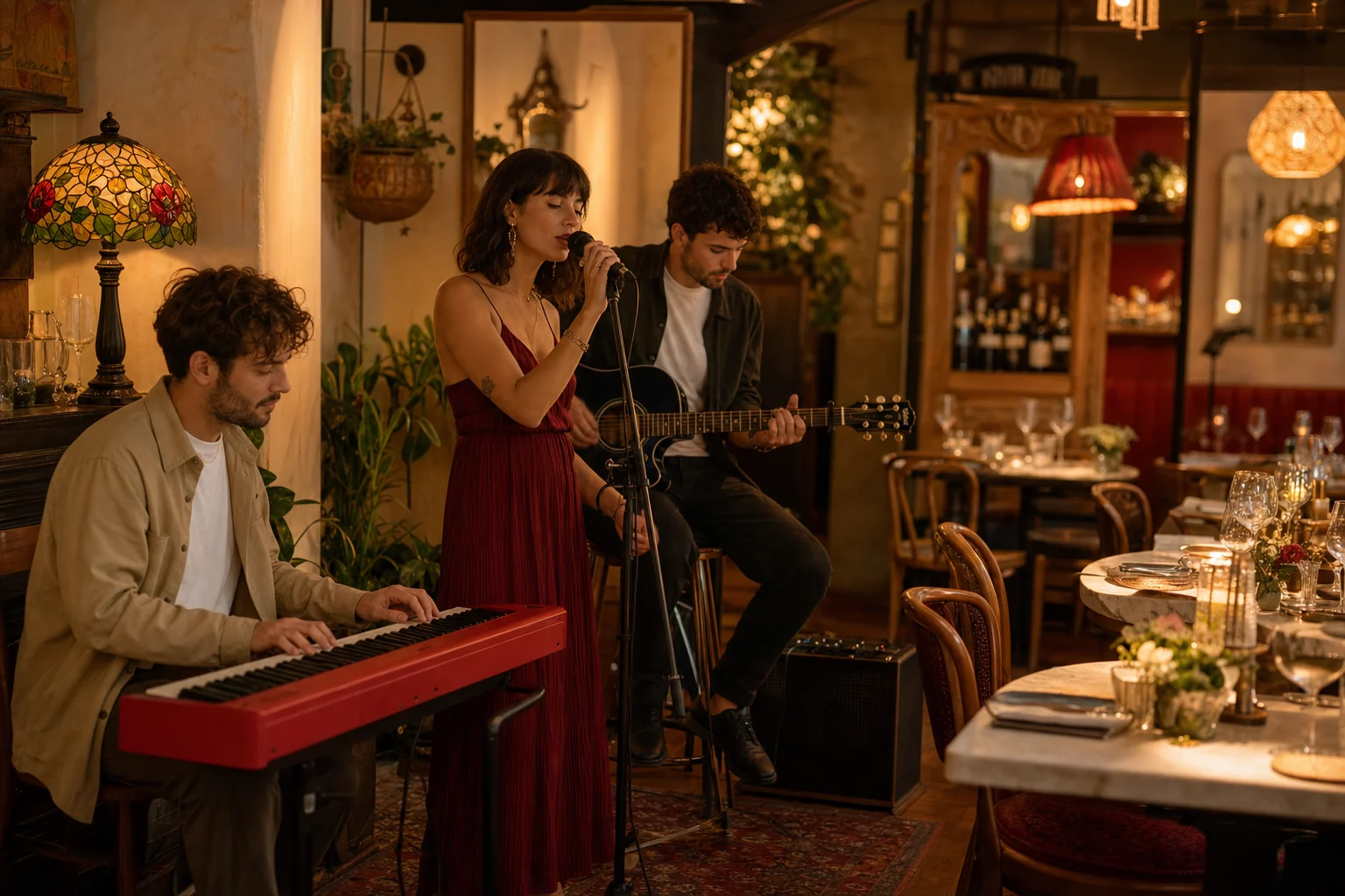 Musiciens pop live dans la salle du Café Berlioz